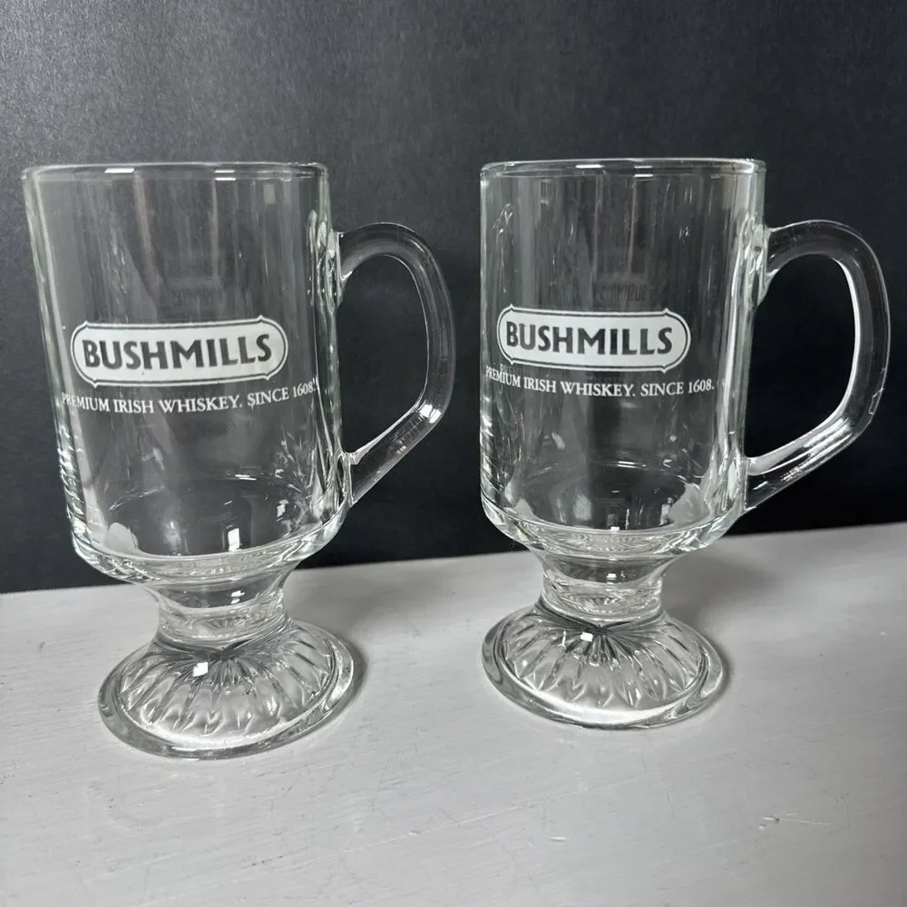 2 Old Bushmills Irish Whiskey Irish Coffee glass Mug Cups With Pedestal Etched